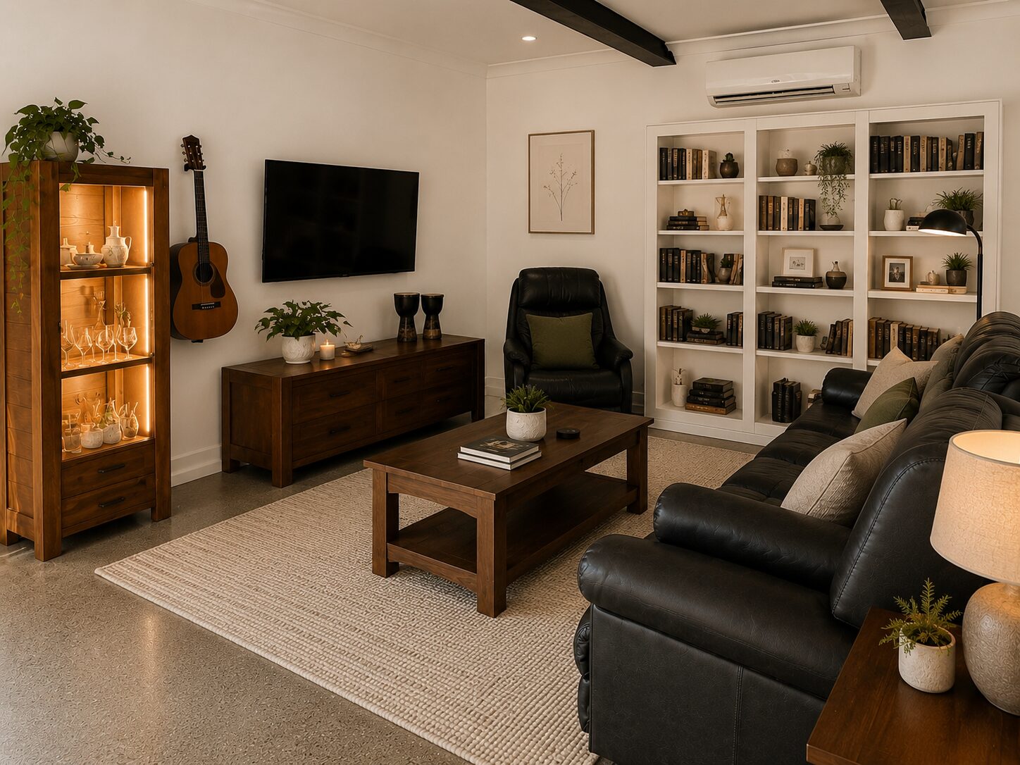 The finished downstairs media room: polished concrete and built-in joinery