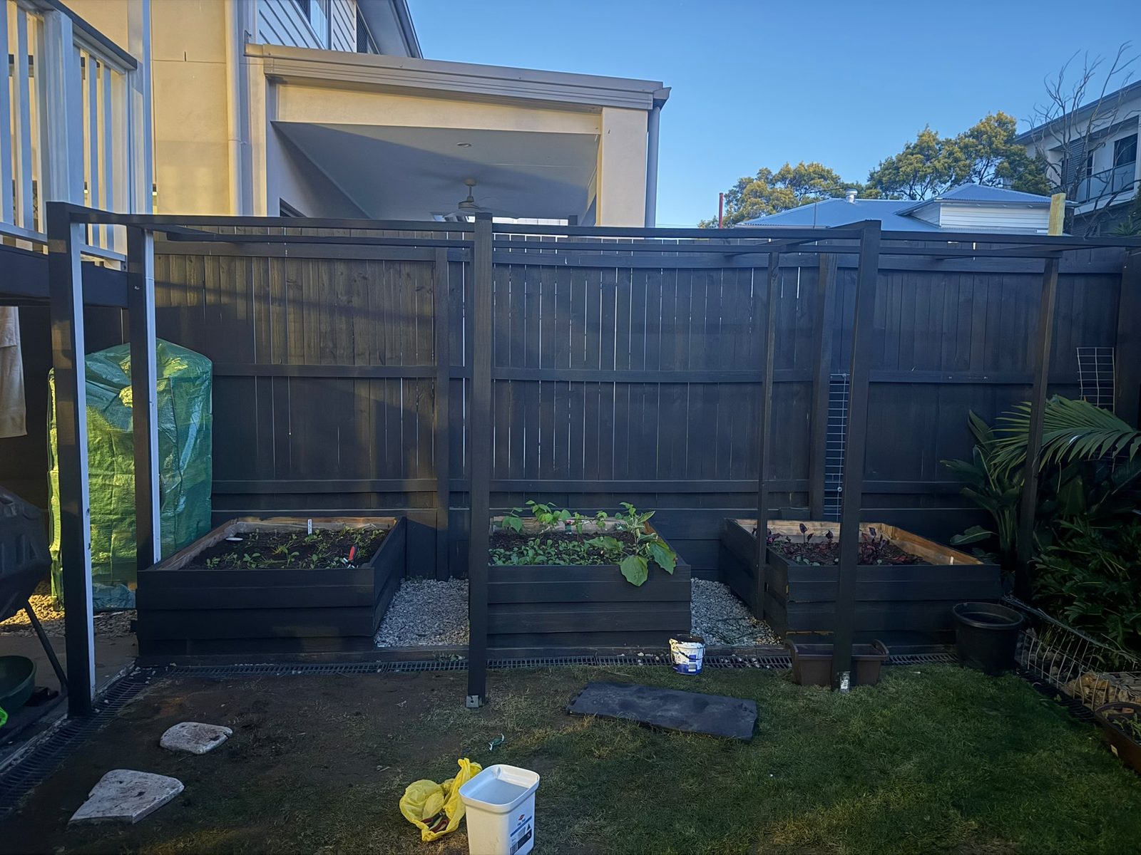 The timber enclosure frame partly built at dusk: stained posts and rails standing around three raised beds against the back fence, beds already planted with seedlings, gravel paths between them