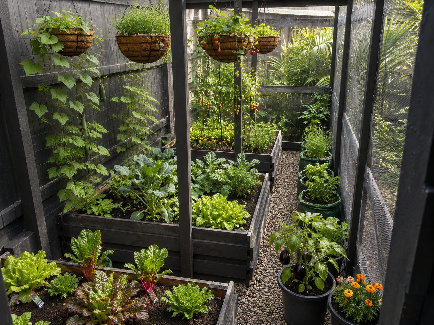 The finished enclosed veggie patch in full growth: raised timber beds packed with lettuce, silverbeet, bok choy, gai lan and tomatoes, hanging baskets above, all behind 6.5mm mesh