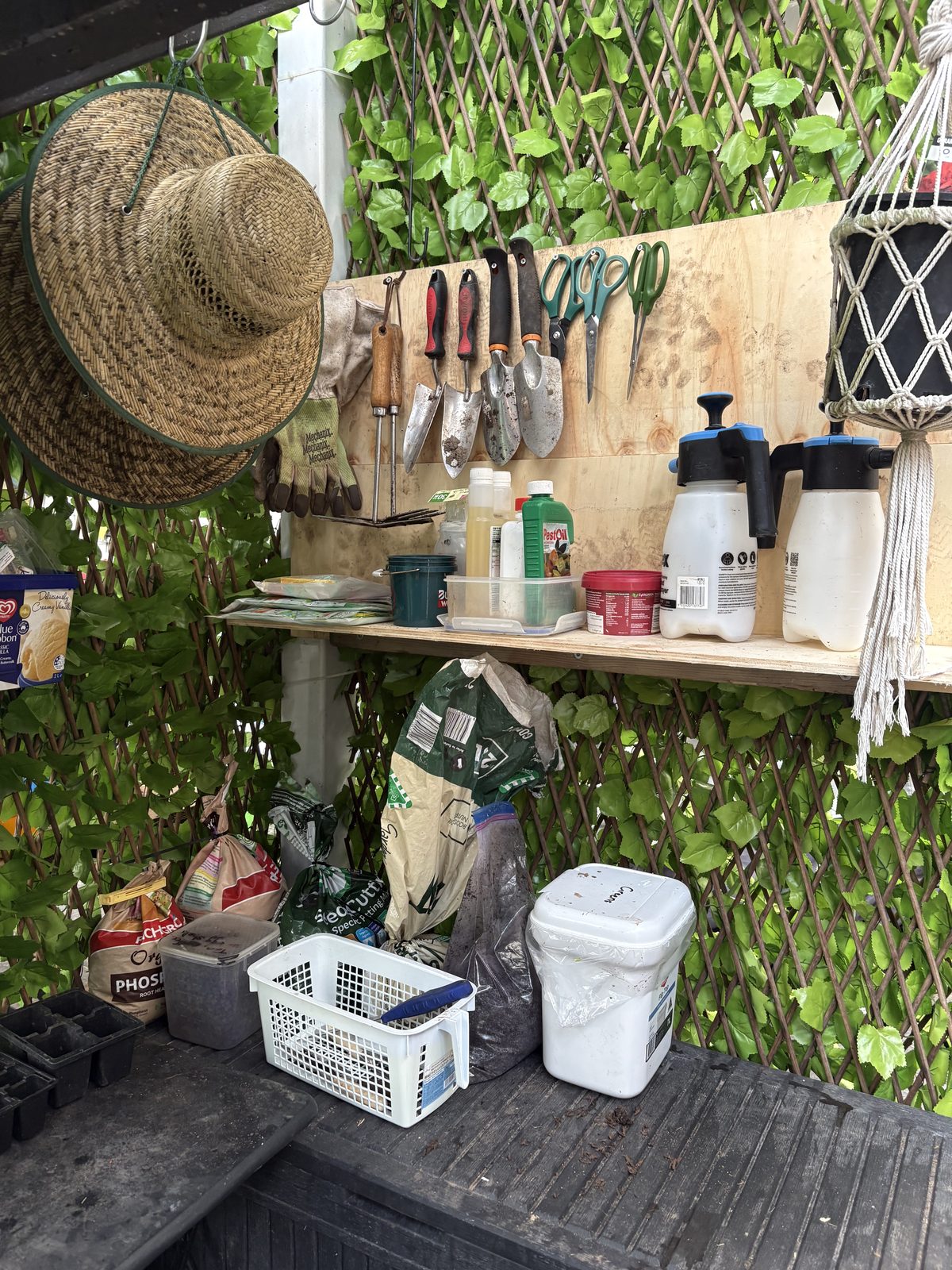 A plywood tool board mounted on the fence with garden tools hung in rows: scissors, secateurs, trowels and hand forks, gloves and a straw hat, plus liquid feeds, a seaweed tonic, seed packets, a harvest basket and a labelled 'Greens' tub on the shelf below