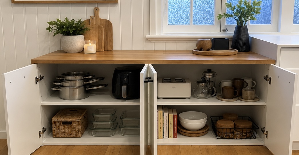 Two open melamine base cabinets with a fixed shelf in each, holding pots, an air fryer, a toaster, mugs and storage baskets