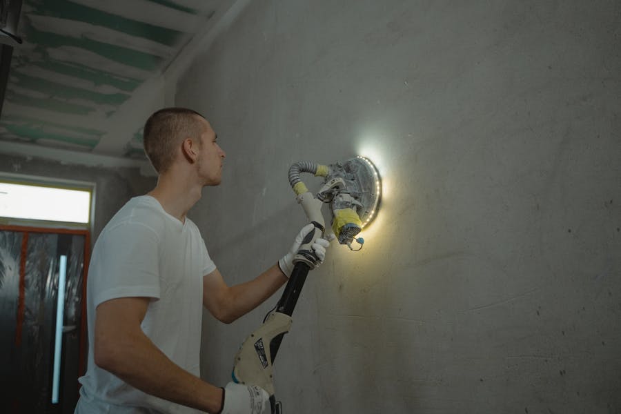 Person sanding an interior wall during surface preparation